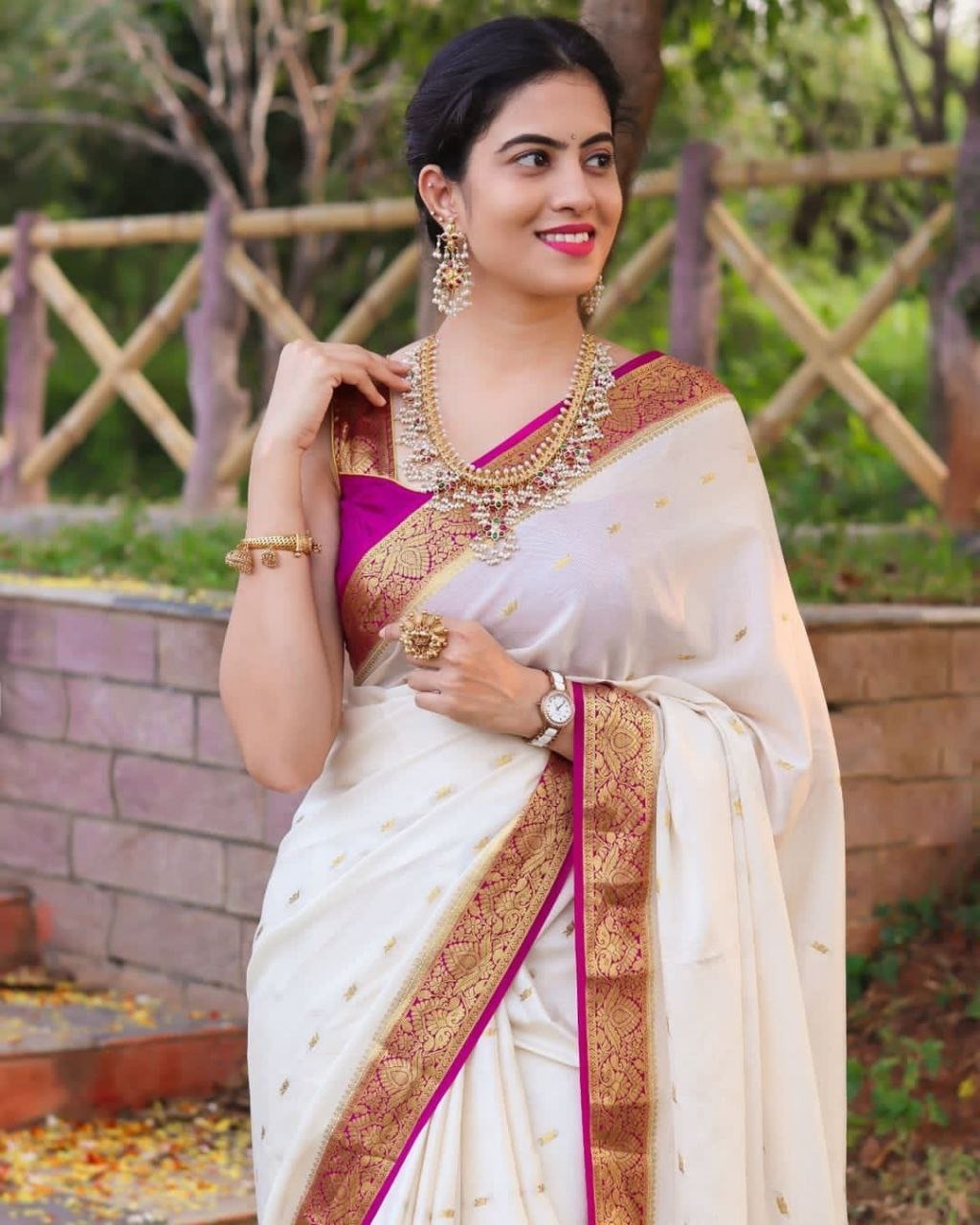 White Pink Lichi Silk Saree with Rich Golden Zari Work for Women