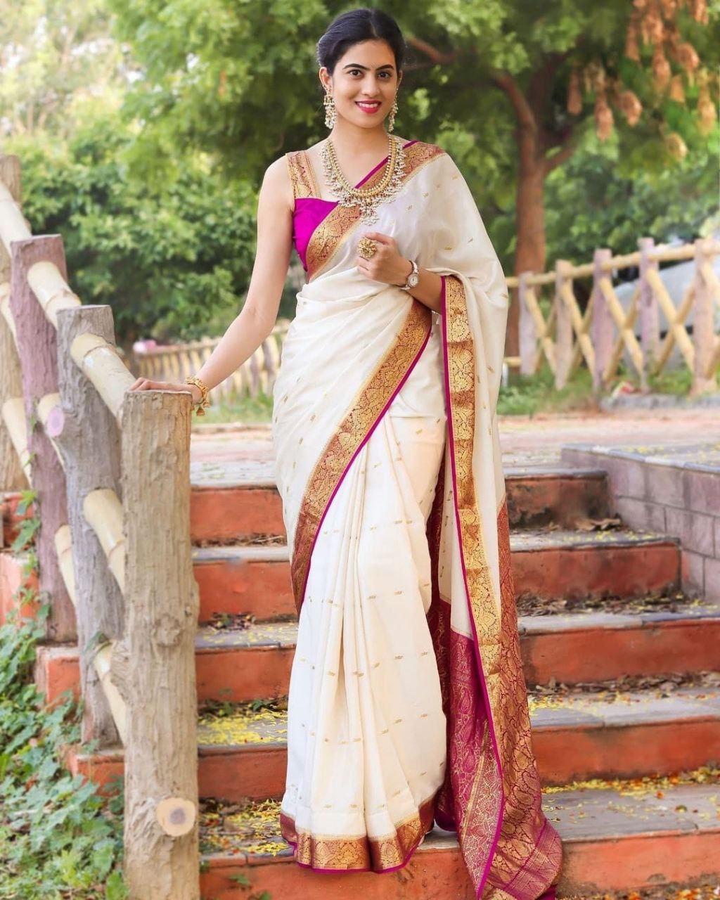 White Pink Lichi Silk Saree with Rich Golden Zari Work for Women