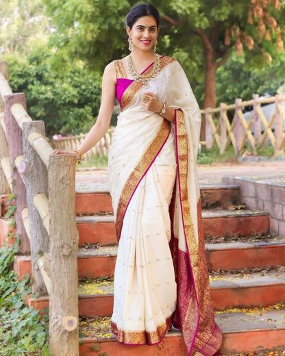 White Pink Lichi Silk Saree with Rich Golden Zari Work for Women