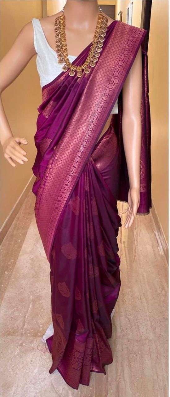 Wine Banarasi Silk Saree With Rich Zari Border Work for Women
