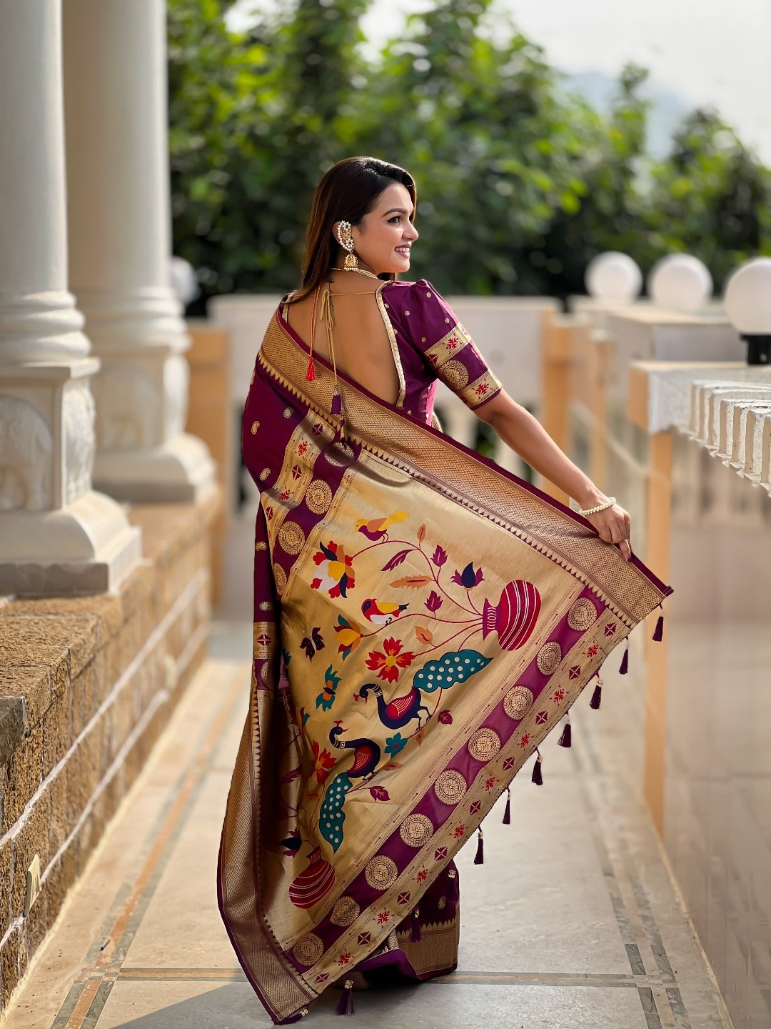 Wine Banarasi Silk Saree with Zari &amp; Paithani Pallu for Women