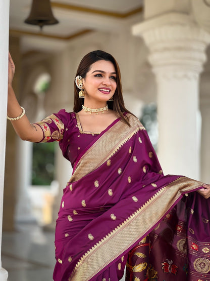 Wine Banarasi Silk Saree with Zari &amp; Paithani Pallu for Women