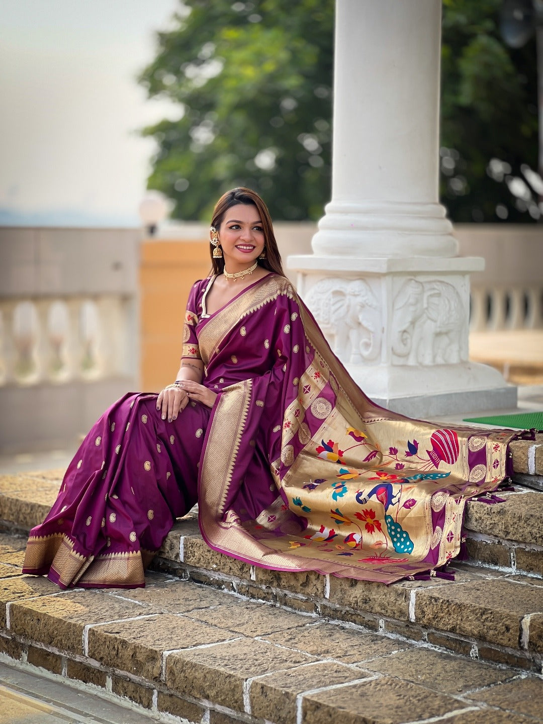 Wine Banarasi Silk Saree with Zari &amp; Paithani Pallu for Women