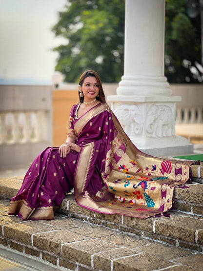 Wine Banarasi Silk Saree with Zari &amp; Paithani Pallu for Women