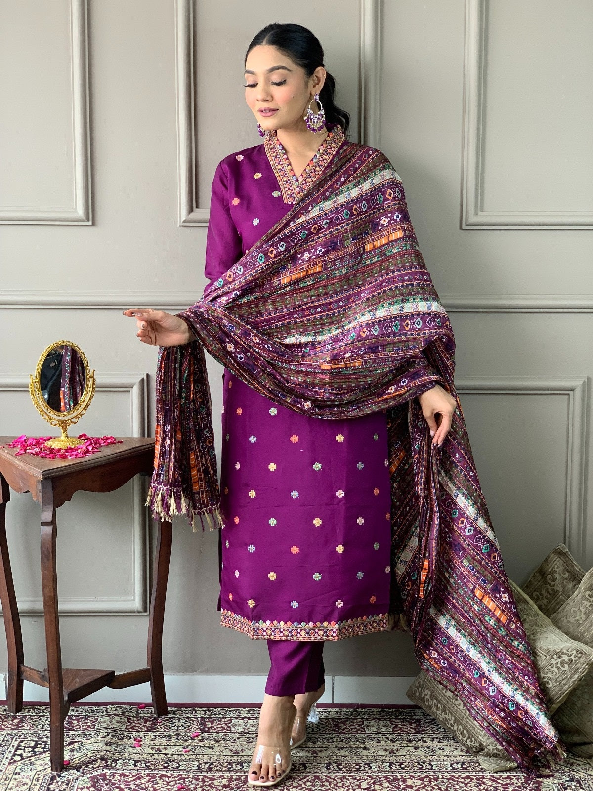 Wine Chanderi Embroidered Kurta Set with Dupatta