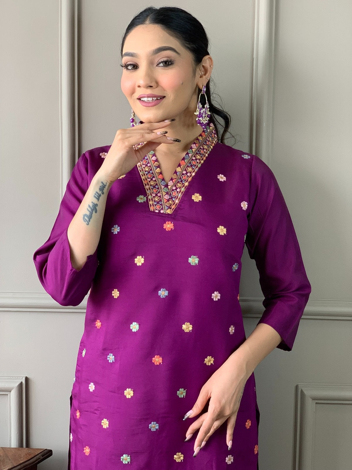 Wine Chanderi Embroidered Kurta Set with Dupatta for Women