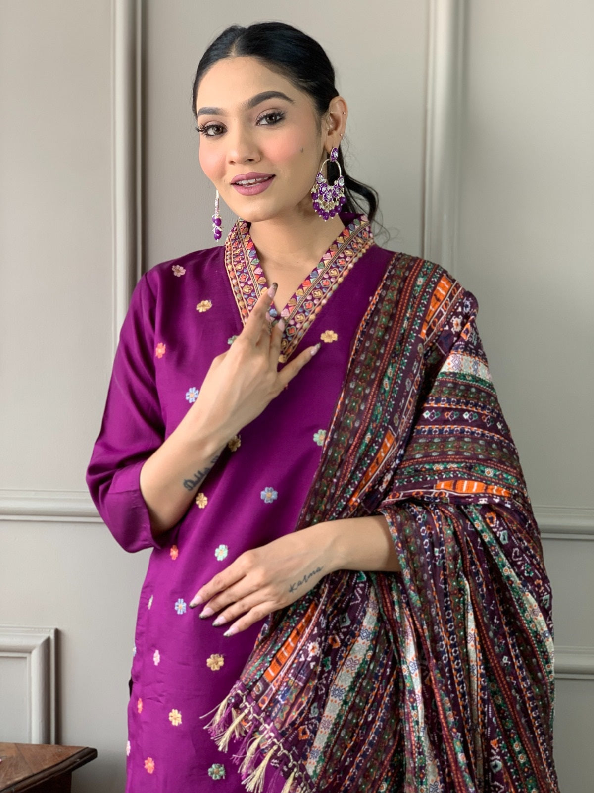Wine Chanderi Embroidered Kurta Set with Dupatta for Women