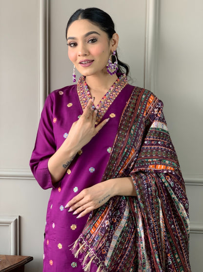 Wine Chanderi Embroidered Kurta Set with Dupatta for Women