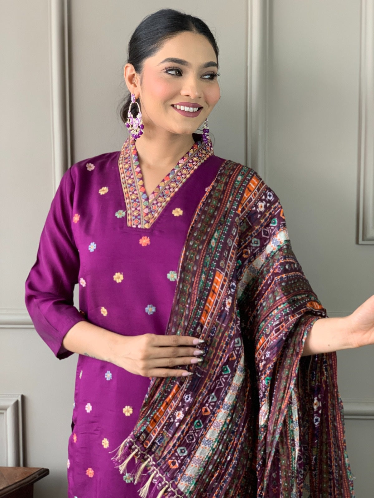 Wine Chanderi Embroidered Kurta Set with Dupatta for Women
