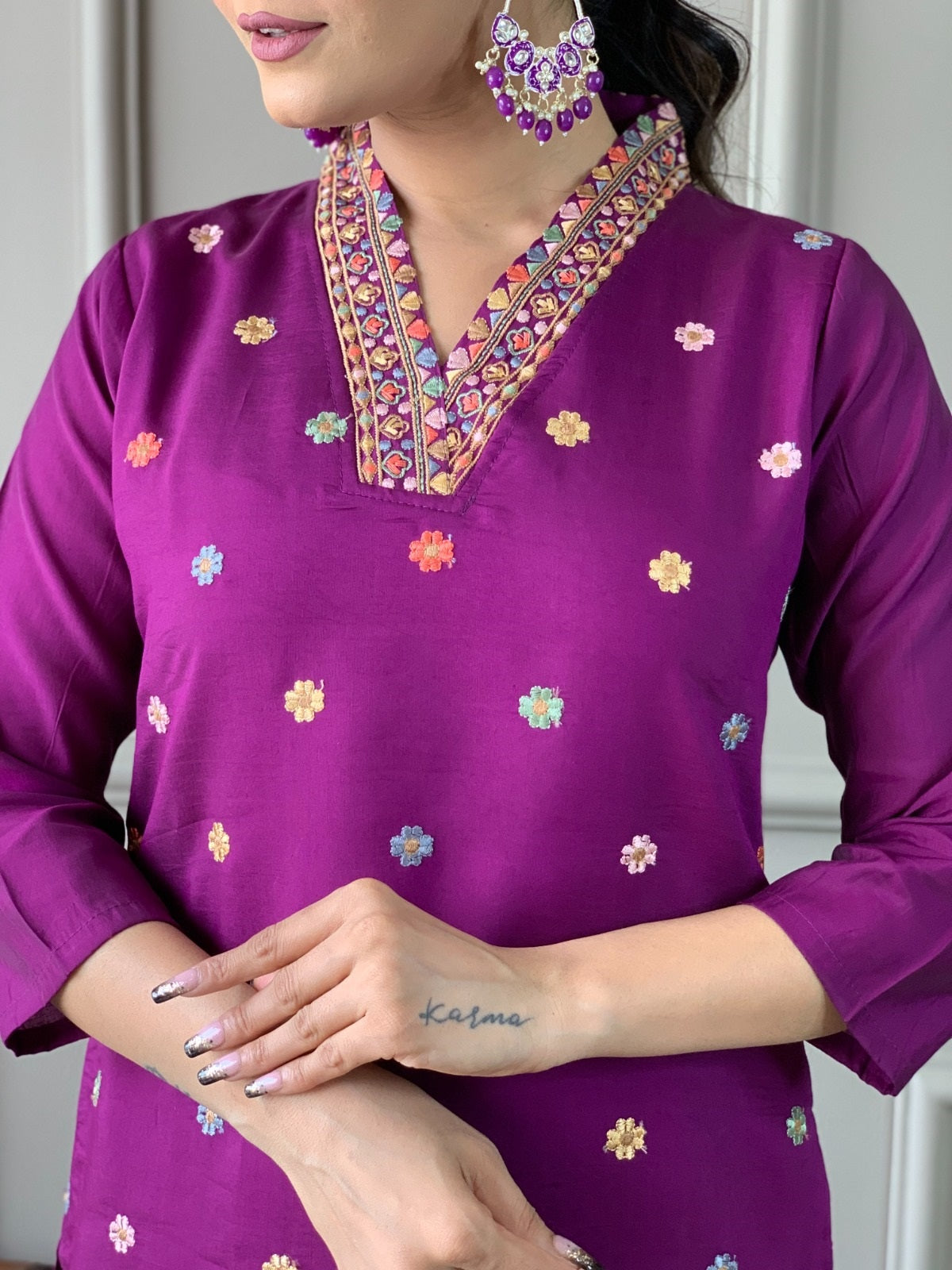 Wine Chanderi Embroidered Kurta Set with Dupatta for Women