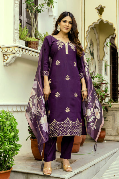 Wine Embroidered Chanderi Kurti Pant Dupatta Set for Women