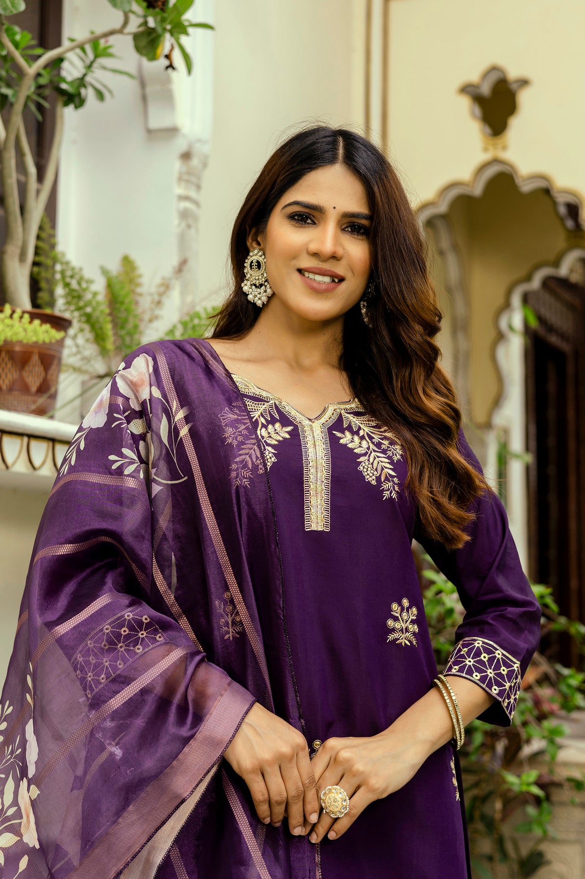 Wine Embroidered Chanderi Kurti Pant Dupatta Set for Women