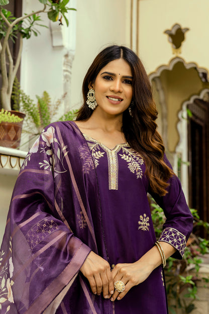 Wine Embroidered Chanderi Kurti Pant Dupatta Set for Women