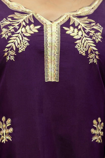Wine Embroidered Chanderi Kurti Pant Dupatta Set for Women