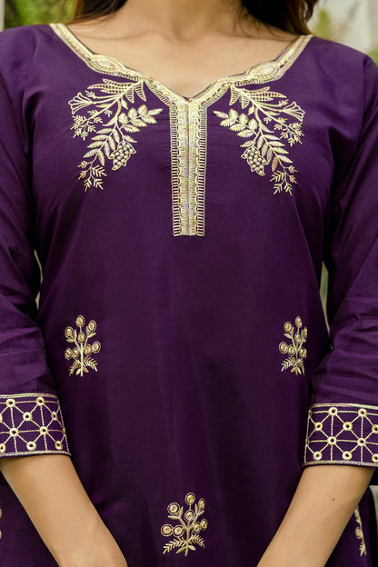 Wine Embroidered Chanderi Kurti Pant Dupatta Set for Women