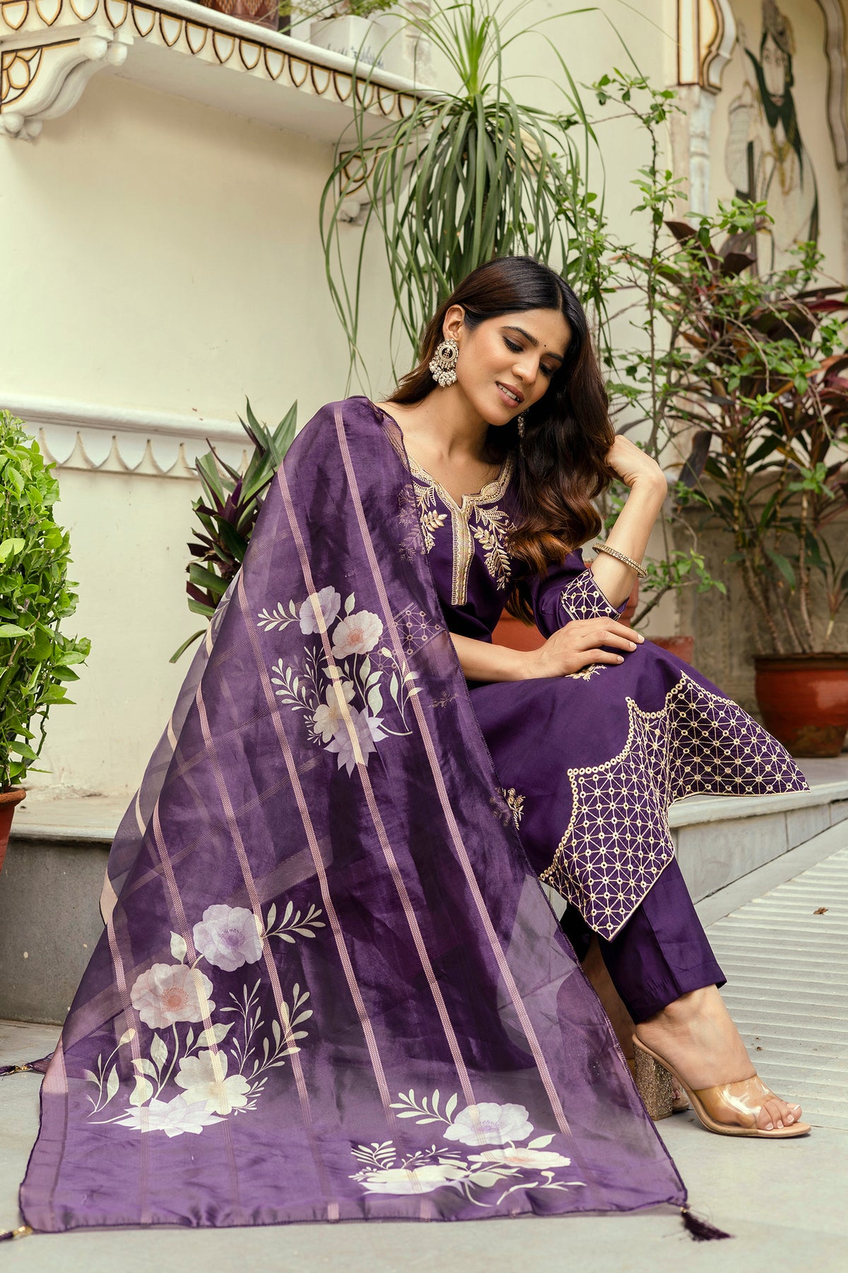 Wine Embroidered Chanderi Kurti Pant Dupatta Set for Women