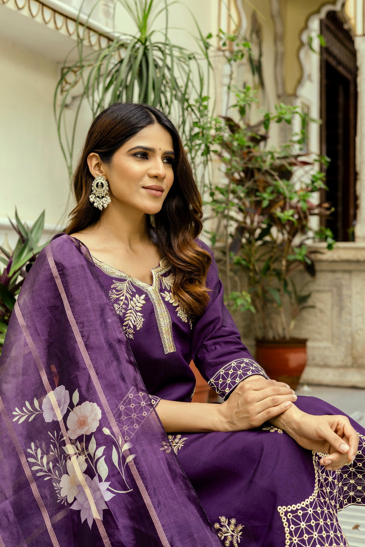 Wine Embroidered Chanderi Kurti Pant Dupatta Set for Women