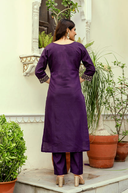 Wine Embroidered Chanderi Kurti Pant Dupatta Set for Women