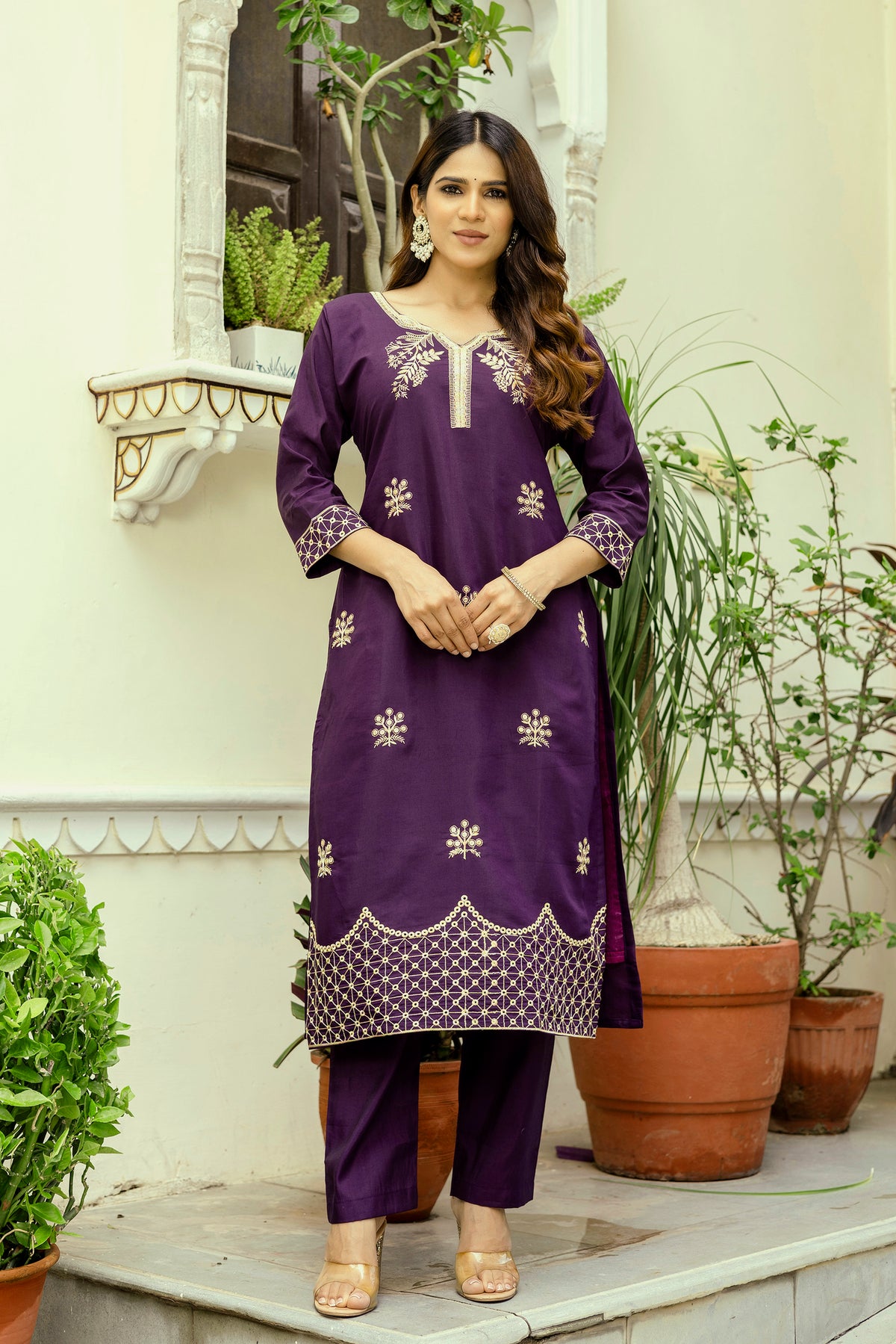 Wine Embroidered Chanderi Kurti Pant Dupatta Set for Women