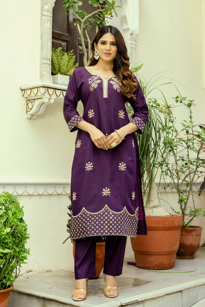 Wine Embroidered Chanderi Kurti Pant Dupatta Set for Women
