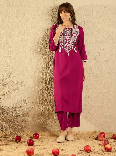 Wine Chanderi Royale Embroidered Suit Set for Women