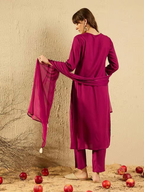 Wine Chanderi Royale Embroidered Suit Set