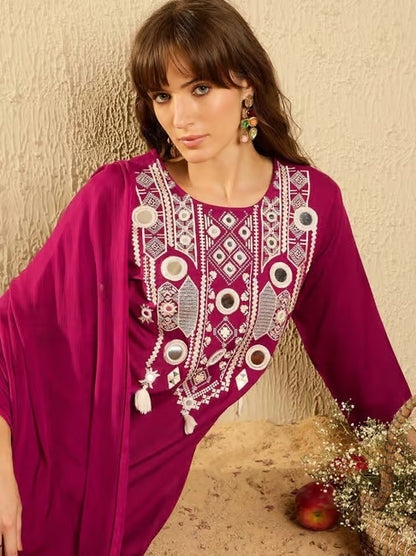 Wine Chanderi Royale Embroidered Suit Set for Women