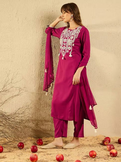 Wine Chanderi Royale Embroidered Suit Set for Women