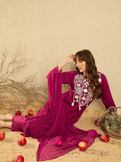 Wine Chanderi Royale Embroidered Suit Set for Women