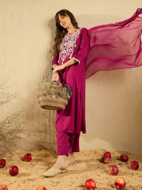 Wine Chanderi Royale Embroidered Suit Set for Women