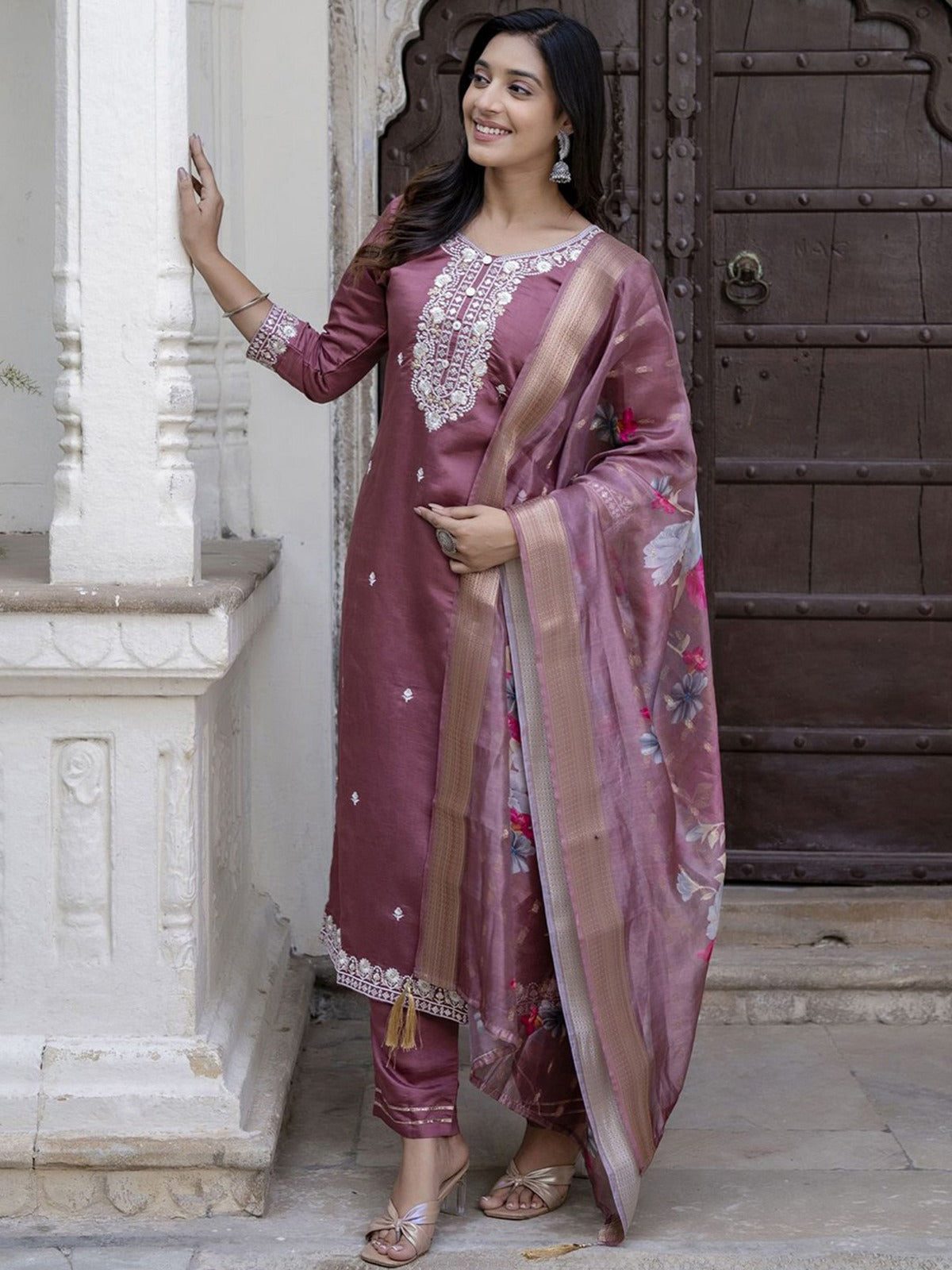 Rich Wine Chanderi Cotton Kurta Set with Elegant Jacquard Dupatta