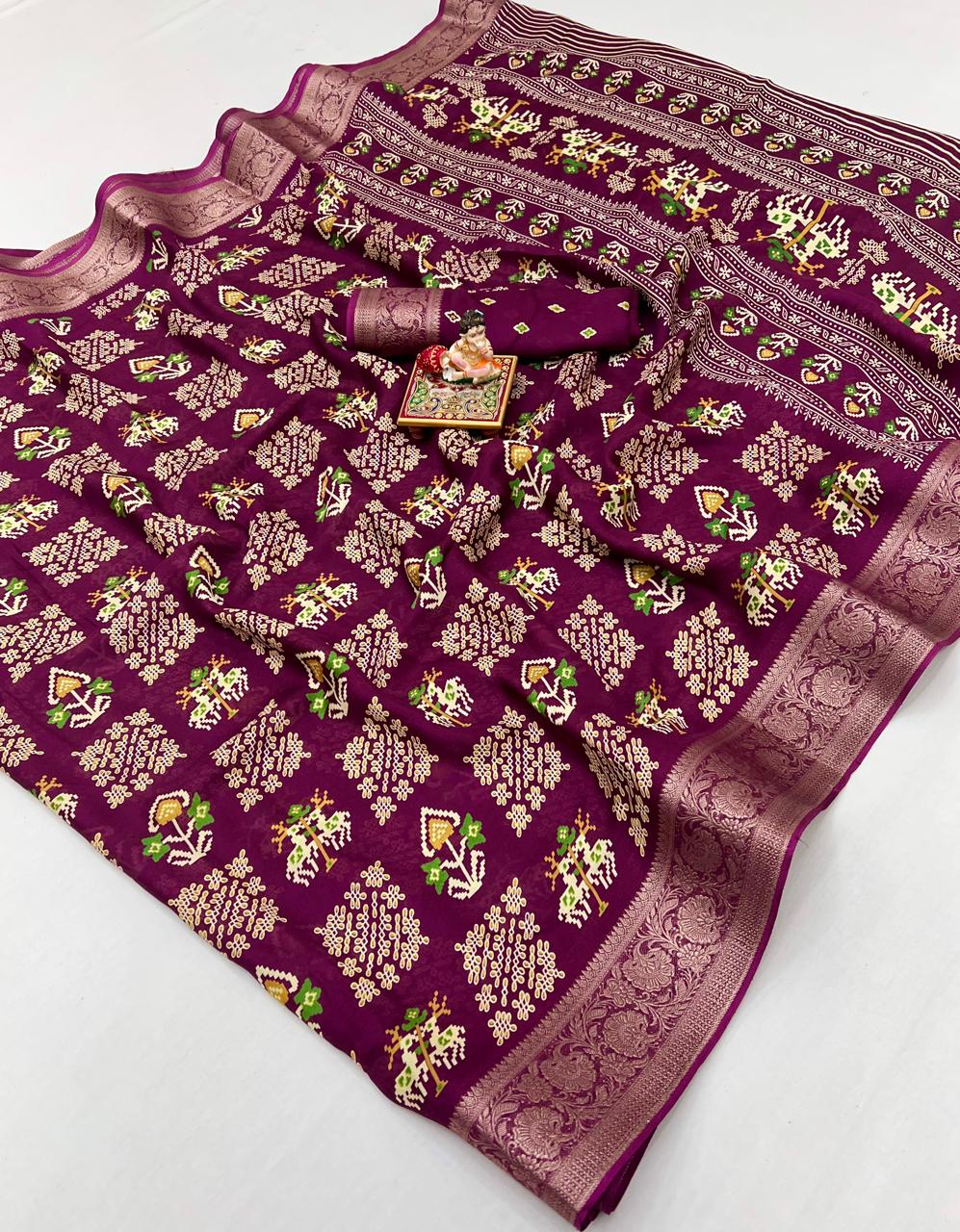 Wine Designer Printed Georgette Saree With Zari Border for Women