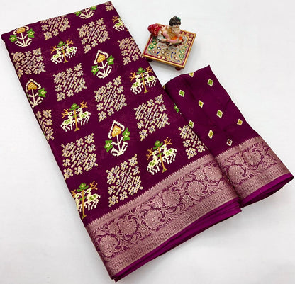 Wine Designer Printed Georgette Saree With Zari Border for Women