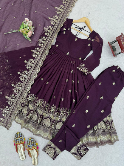 Wine Embroidered Anarkali Suit with Dupatta for Women