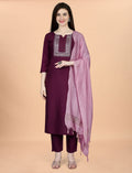 Wine Embroidered Cotton Blend Kurta Pant Dupatta Set