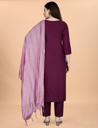 Wine Embroidered Cotton Blend Kurta Pant Dupatta Set for Women
