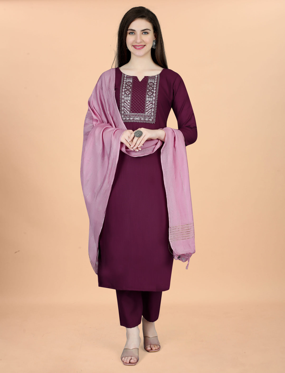Wine Embroidered Cotton Blend Kurta Pant Dupatta Set for Women