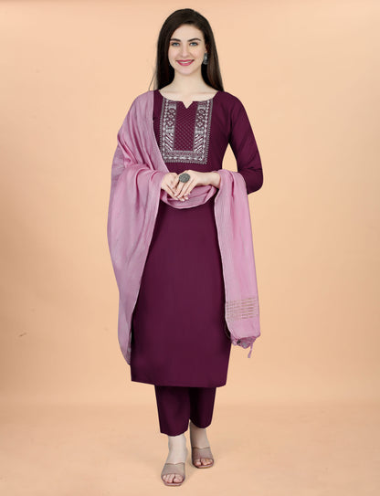 Wine Embroidered Cotton Blend Kurta Pant Dupatta Set for Women