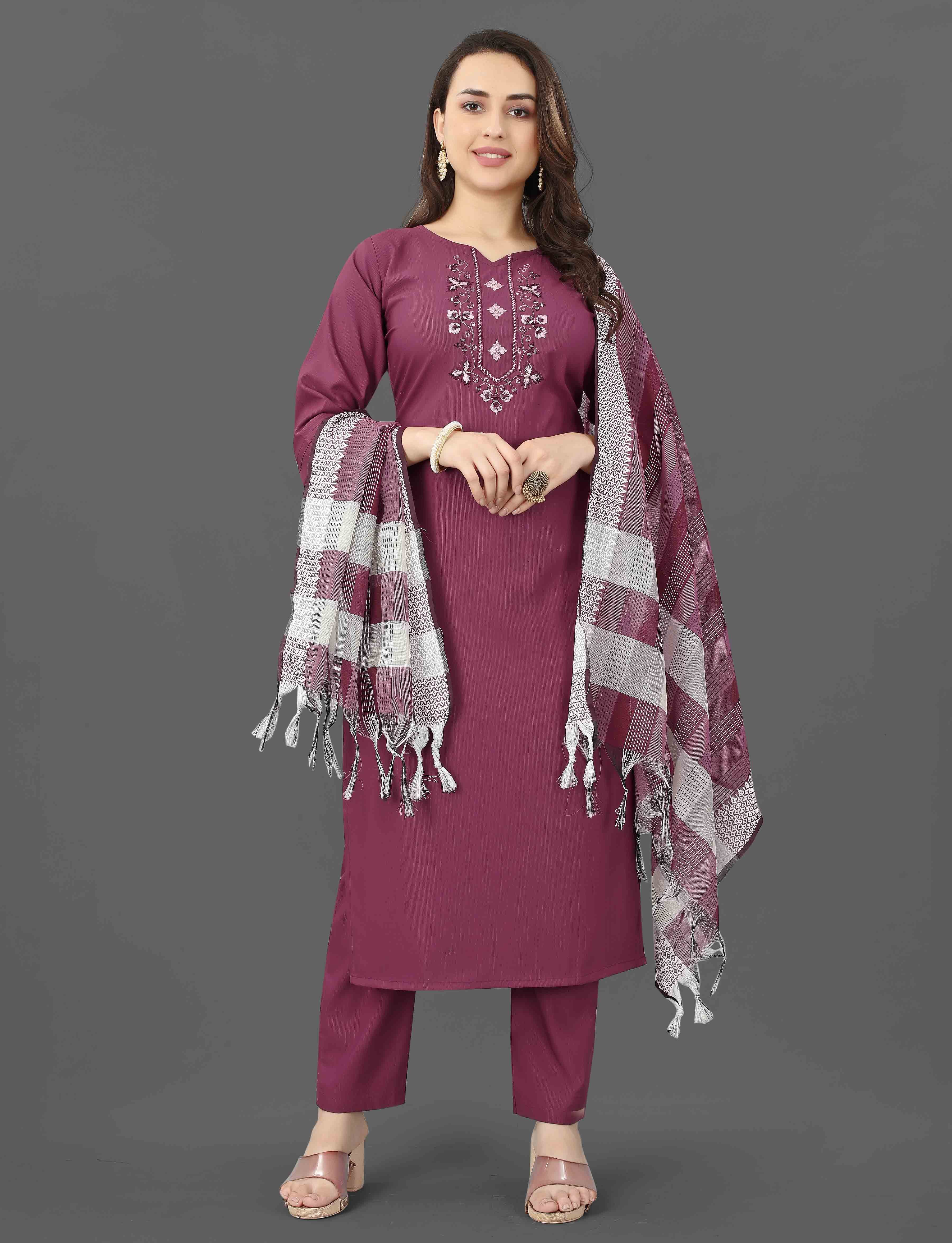 Wine Embroidered Cotton Blend Kurti Pant Dupatta Set