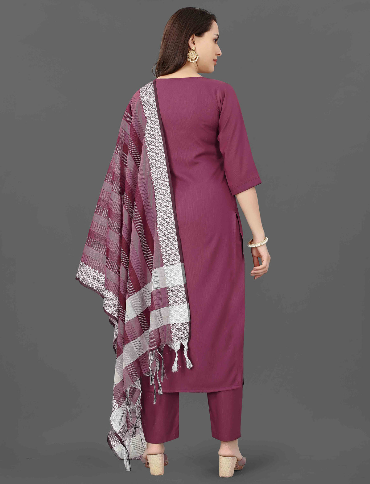 Wine Embroidered Cotton Blend Kurti Pant Dupatta Set for Women