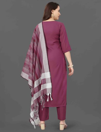 Wine Embroidered Cotton Blend Kurti Pant Dupatta Set for Women