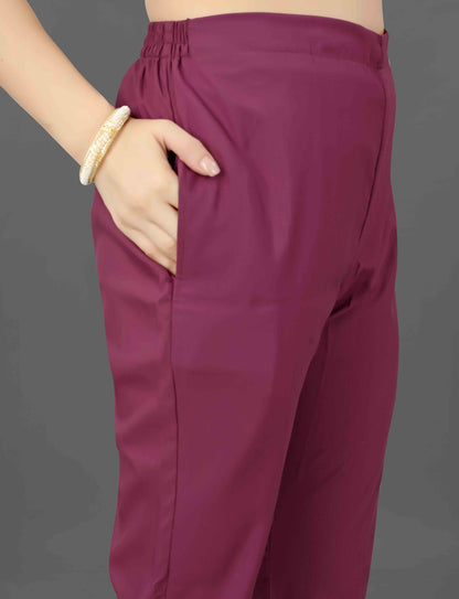 Wine Embroidered Cotton Blend Kurti Pant Dupatta Set for Women
