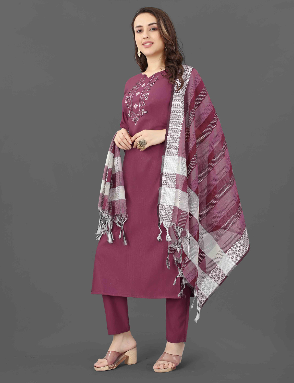 Wine Embroidered Cotton Blend Kurti Pant Dupatta Set for Women