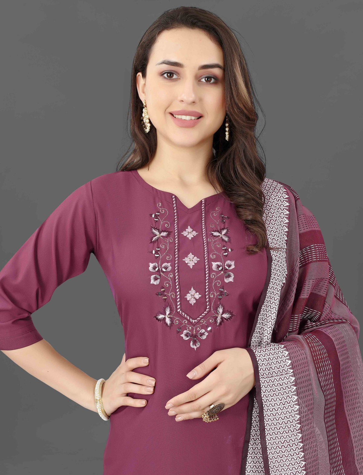 Wine Embroidered Cotton Blend Kurti Pant Dupatta Set for Women