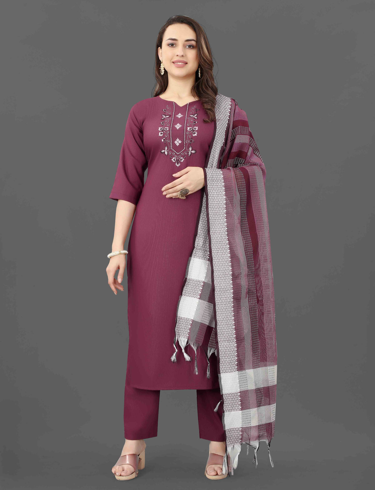 Wine Embroidered Cotton Blend Kurti Pant Dupatta Set for Women