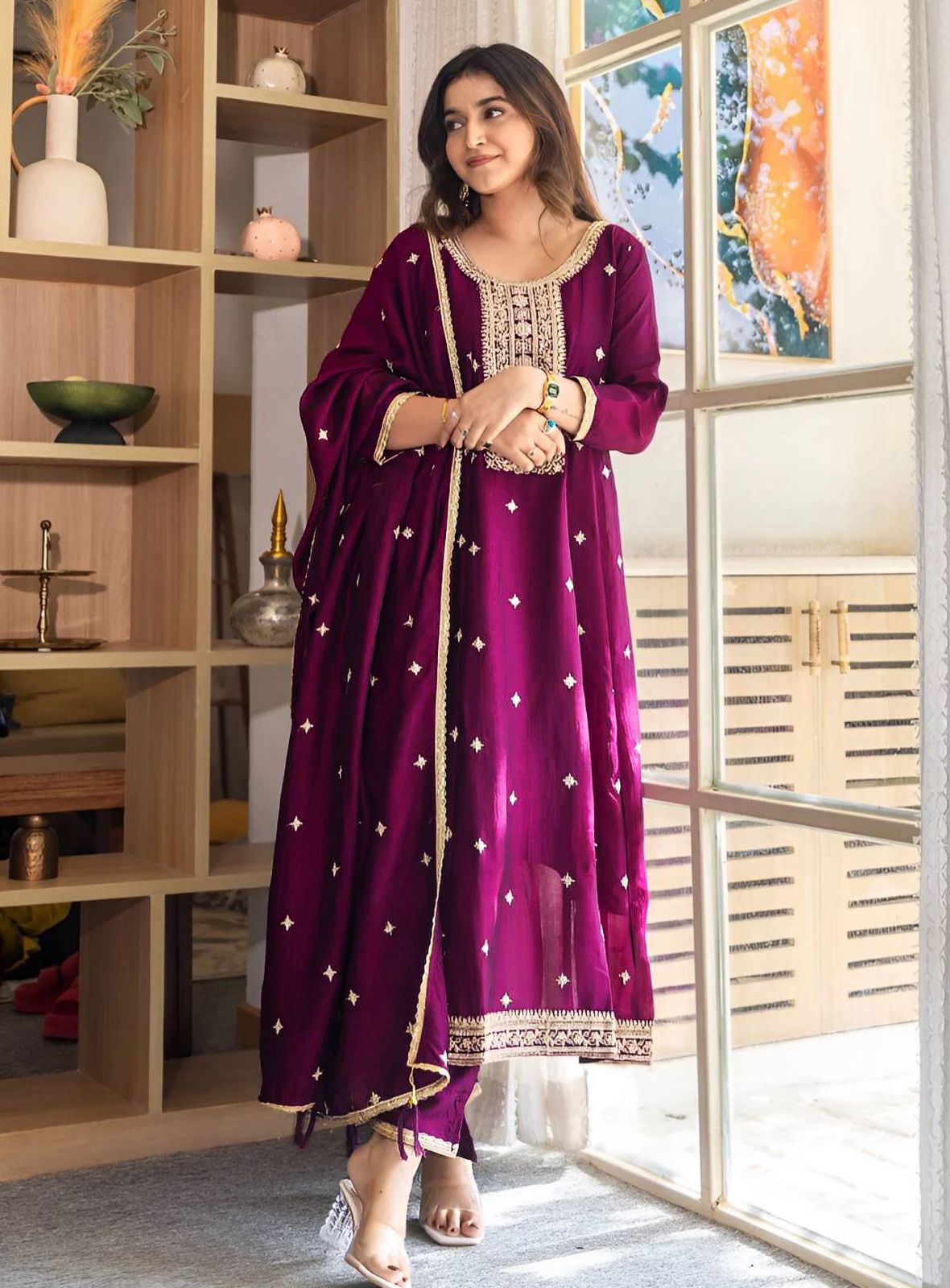 Wine Embroidered Silk Anarkali Kurti Pant Dupatta Set