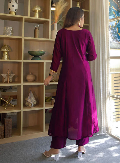 Wine Embroidered Silk Anarkali Kurti Pant Dupatta Set for Women