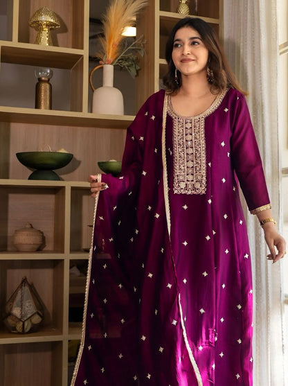 Wine Embroidered Silk Anarkali Kurti Pant Dupatta Set for Women