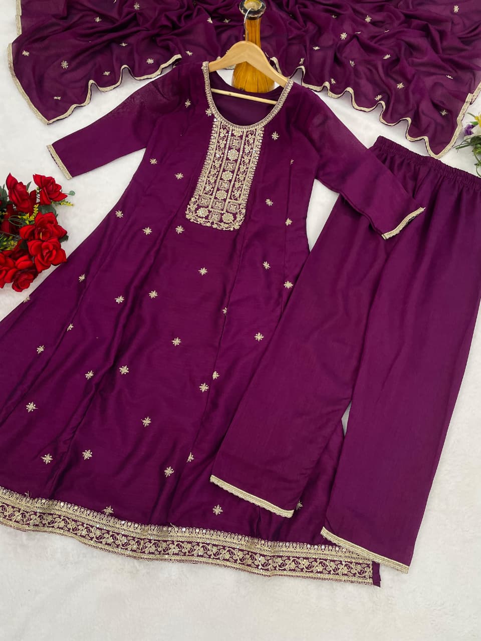 Wine Embroidered Silk Anarkali Kurti Pant Dupatta Set for Women