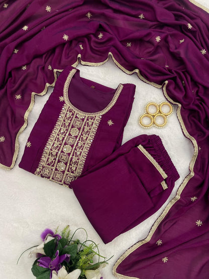 Wine Embroidered Silk Anarkali Kurti Pant Dupatta Set for Women